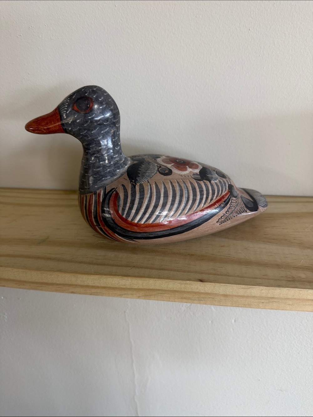 Vintage Tonala Solis Mexico  Hand-Painted Ceramic Duck Figurine in Gray and Red